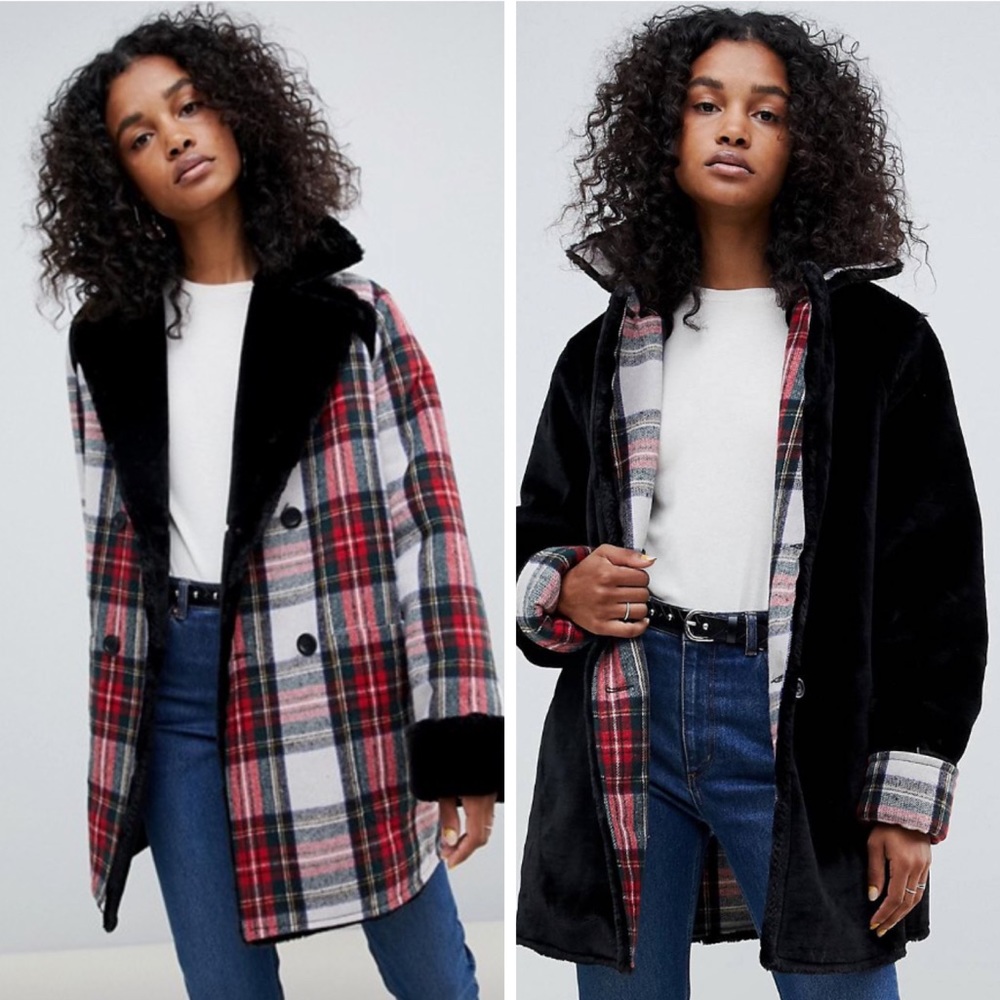 REVERSIBLE ASOS DESIGN faux fur and check jacket
